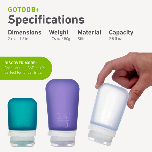 Humangear GoToob+ Premium Refillable Travel Tube 74ml - Pack of 3 - Blue/Clear/Green