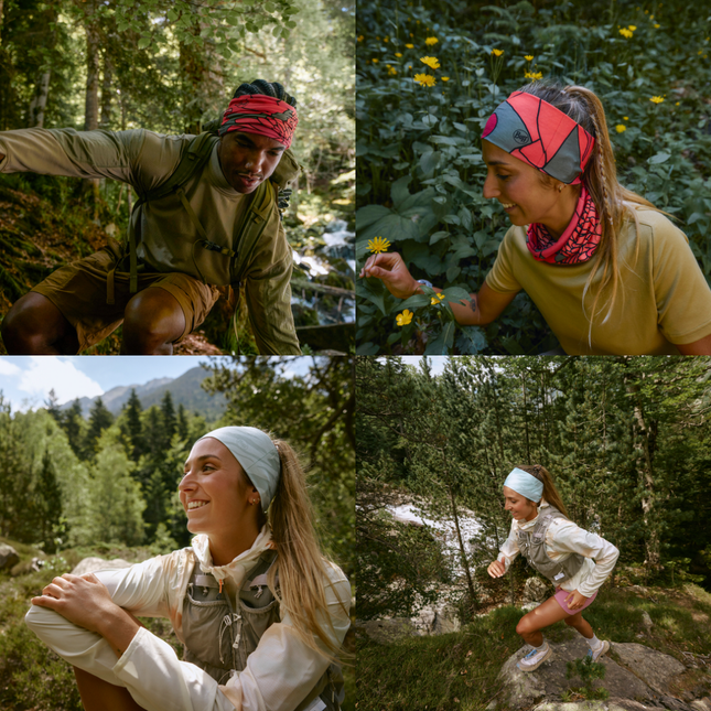 The Original BUFF® CoolNet UV® Wide Headband - Seary Purple, Aramay Poppy, Aces Seagrove Green, Arthy Nectarine, Attel Blue