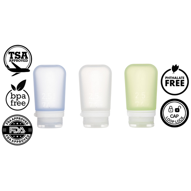Humangear GoToob+ Premium Refillable Travel Tube 74ml - Pack of 3 - Blue/Clear/Green