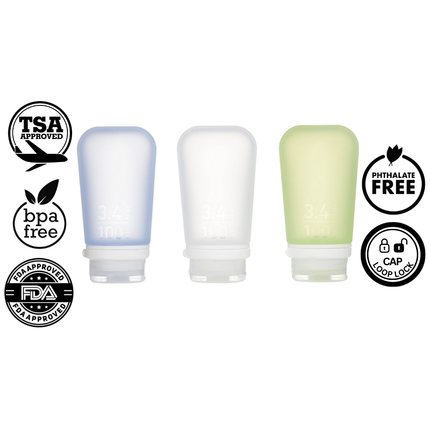 Humangear GoToob+ Premium Refillable Travel Tube 100ml - Pack of 3 - Blue/Clear/Green
