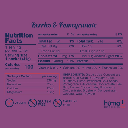Huma Plus + Chia Energy Gel -  Berries and Pomegranate - Box of 24