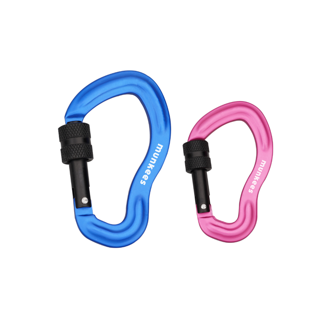 Munkees Ear-Shape Forged Carabiner w/ Screw Lock - Pack of 2 - 56mm Blue and 75mm Pink
